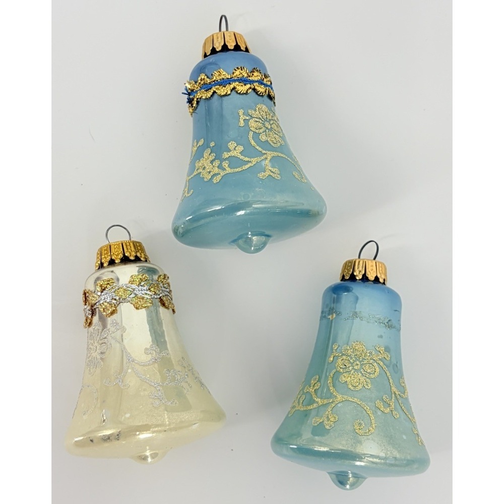Vintage Glass Christmas Bell Ornaments West Germany Mica Lot of 3
